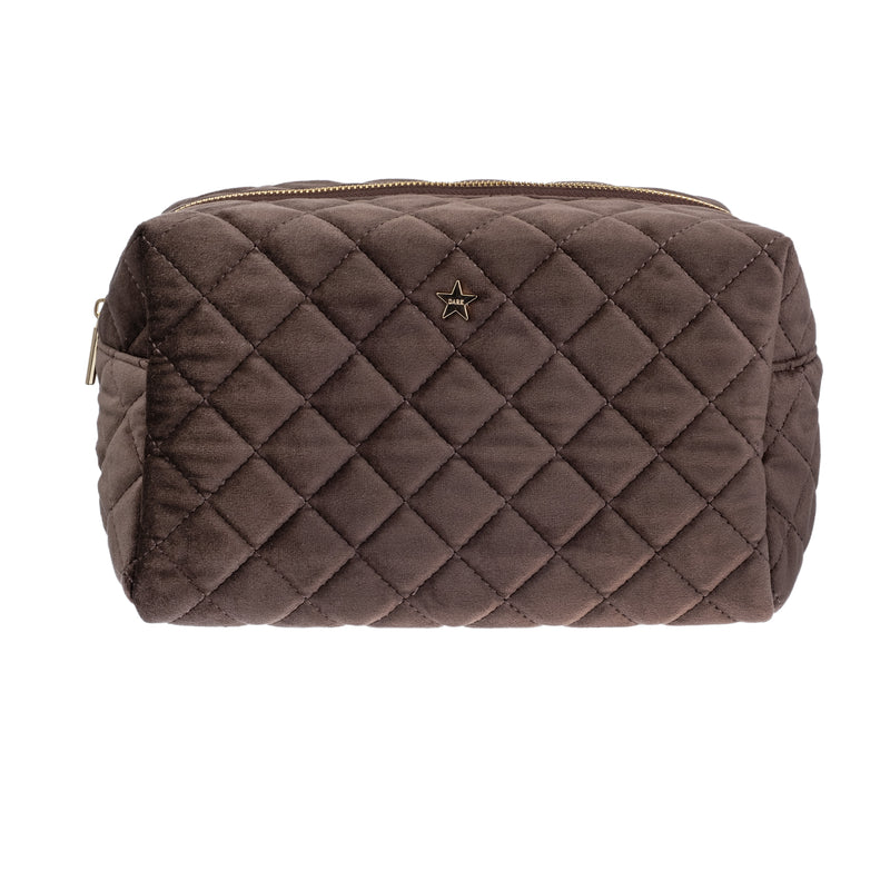 VELVET SQUARE QUILTED MAKE-UP POUCH LARGE CHOCOLATE BROWN
