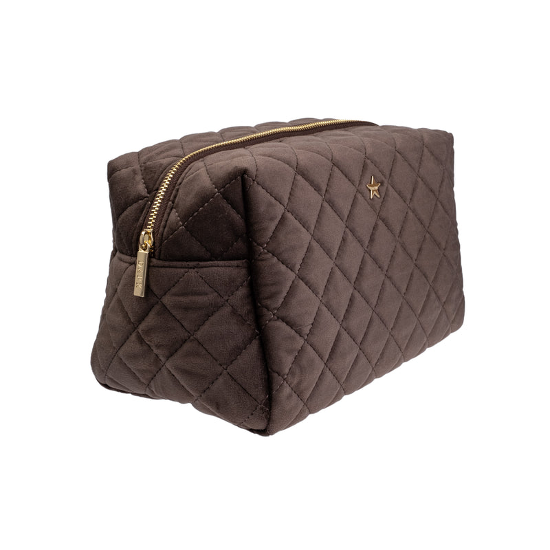VELVET SQUARE QUILTED MAKE-UP POUCH LARGE CHOCOLATE BROWN