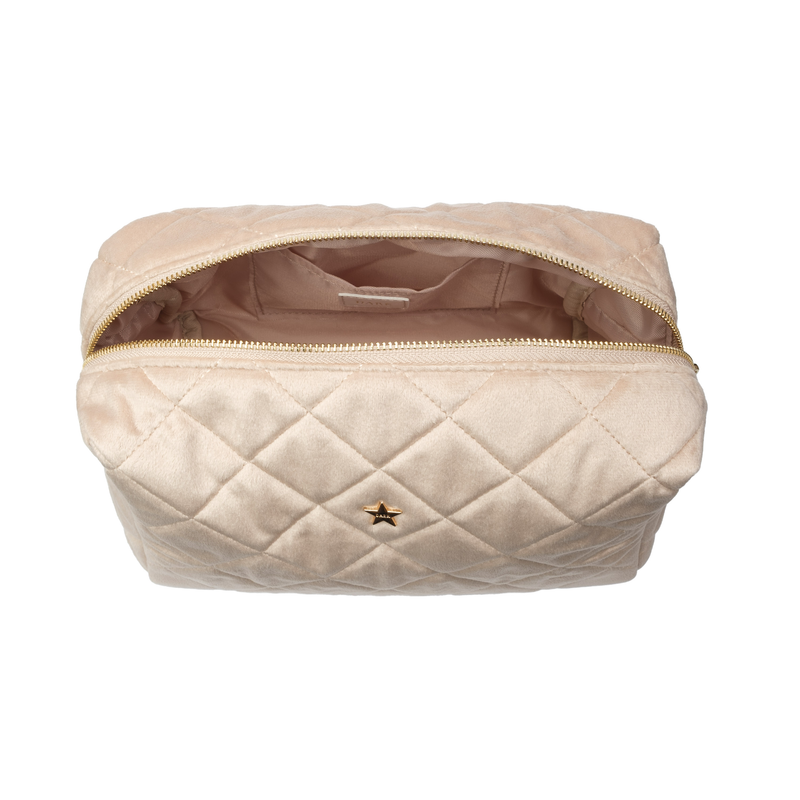 VELVET SQUARE QUILTED MAKE-UP POUCH LARGE DARK SAND