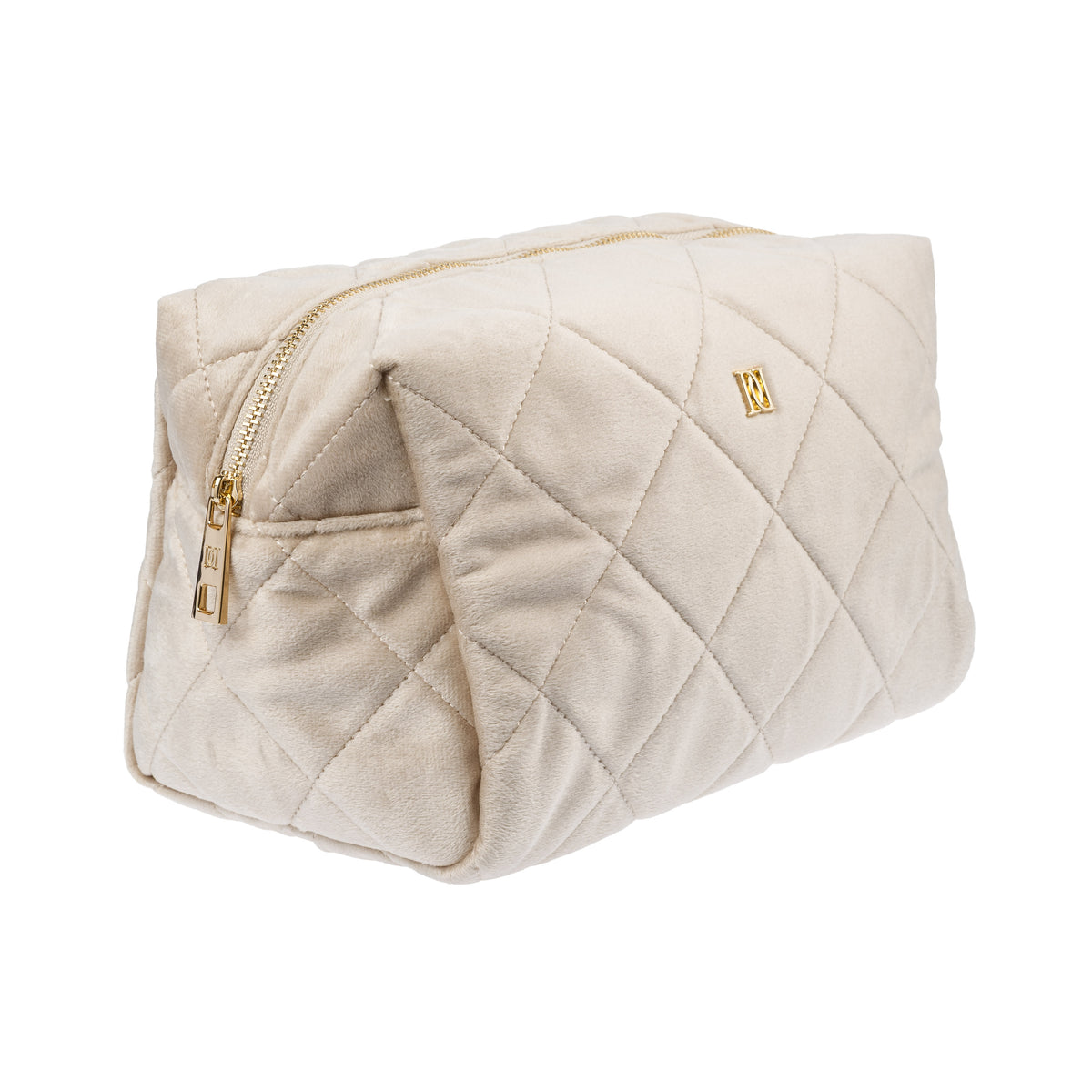 VELVET SQUARE QUILTED MAKE-UP POUCH LARGE DARK SAND