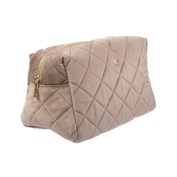 VELVET SQUARE QUILTED MAKE-UP POUCH LARGE WARM TAUPE