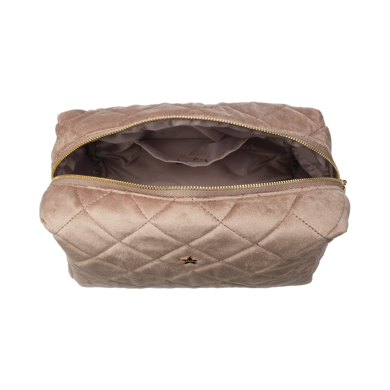 VELVET SQUARE QUILTED MAKE-UP POUCH LARGE WARM TAUPE