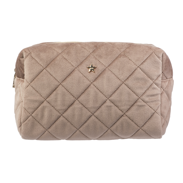 VELVET SQUARE QUILTED MAKE-UP POUCH LARGE WARM TAUPE