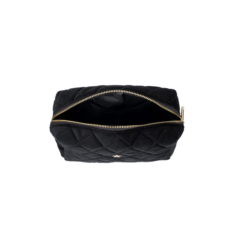 VELVET SQUARE QUILTED MAKE-UP POUCH SMALL BLACK