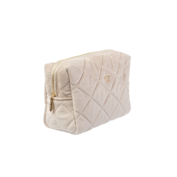 VELVET SQUARE QUILTED MAKE-UP POUCH SMALL DARK SAND