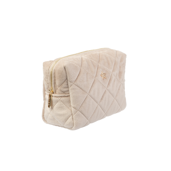VELVET SQUARE QUILTED MAKE-UP POUCH SMALL DARK SAND