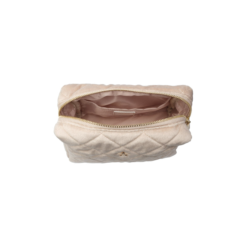 VELVET SQUARE QUILTED MAKE-UP POUCH SMALL DARK SAND