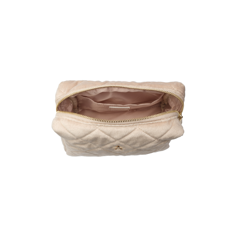 VELVET SQUARE QUILTED MAKE-UP POUCH SMALL DARK SAND