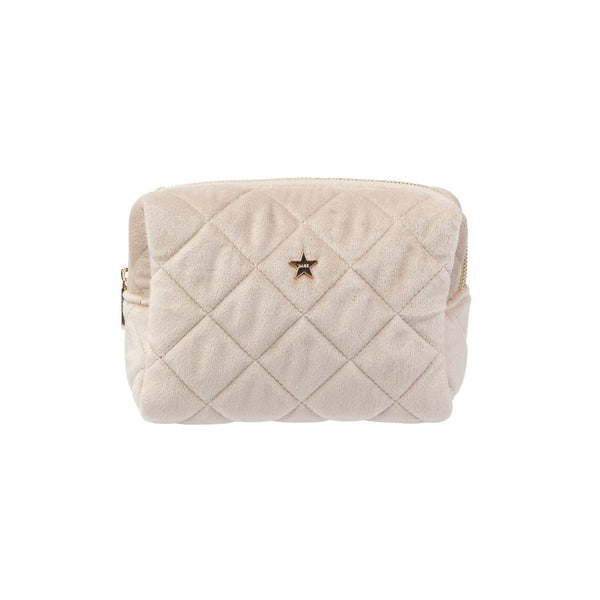 VELVET SQUARE QUILTED MAKE-UP POUCH SMALL DARK SAND
