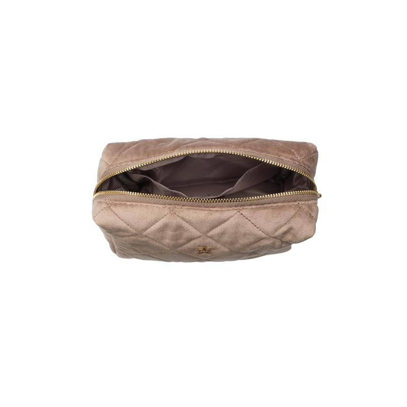 VELVET SQUARE QUILTED MAKE-UP POUCH SMALL WARM TAUPE
