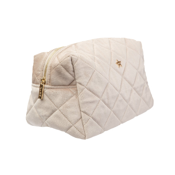 VELVET SQUARE QUILTED MAKE-UP POUCH LARGE DARK SAND