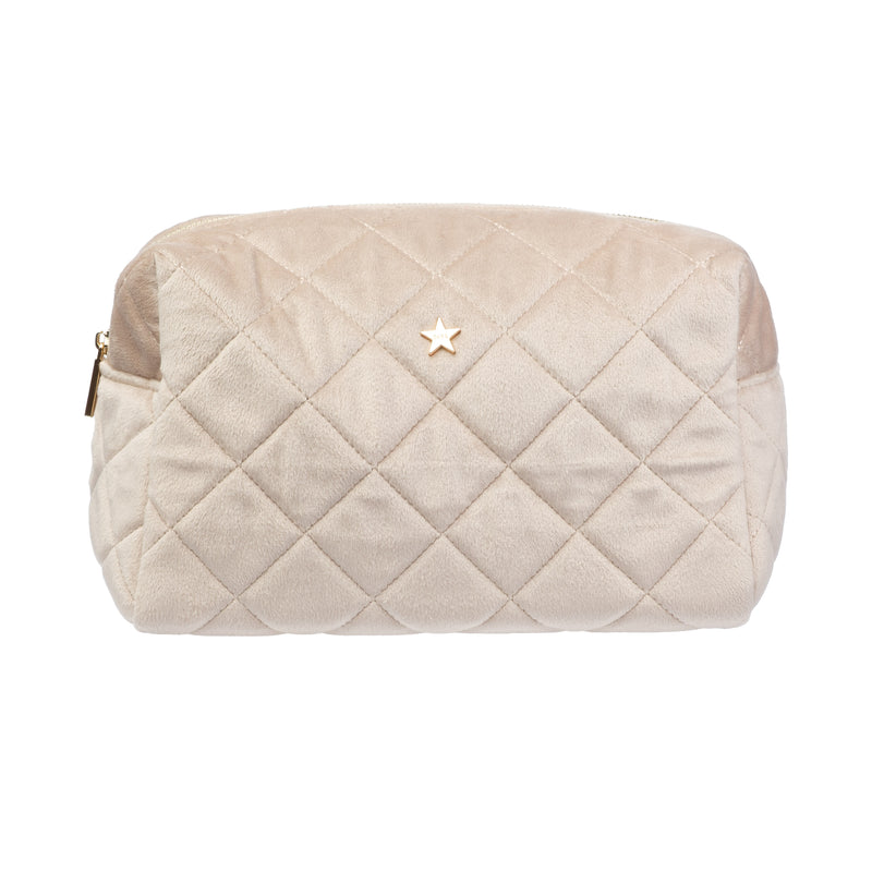 VELVET SQUARE QUILTED MAKE-UP POUCH LARGE DARK SAND