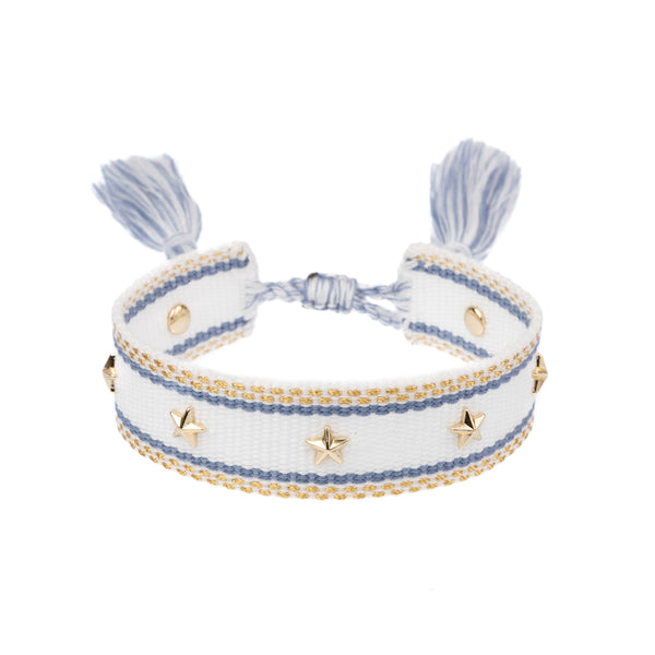 WOVEN FRIENDSHIP BRACELET W/STAR STUDS WHITE W/LIGHT BLUE & GOLD