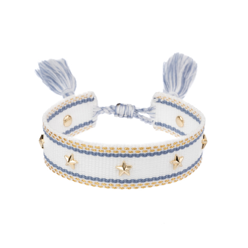 WOVEN FRIENDSHIP BRACELET W/STAR STUDS WHITE W/LIGHT BLUE & GOLD