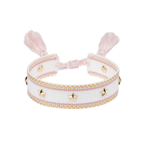 WOVEN FRIENDSHIP BRACELET W/STAR STUDS WHITE W/LIGHT ROSE & GOLD