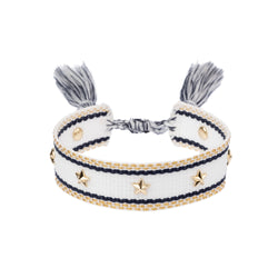 WOVEN FRIENDSHIP BRACELET W/STAR STUDS WHITE W/NAVY BLUE & GOLD