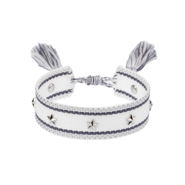 WOVEN FRIENDSHIP BRACELET W/STAR STUDS WHITE W/STEEL BLUE & SILVER