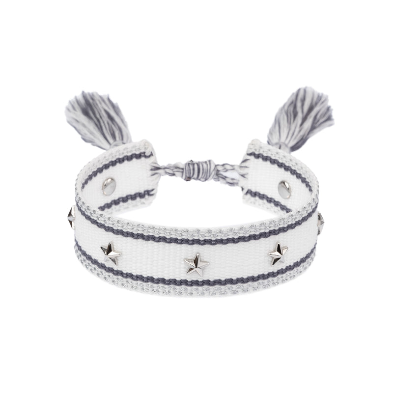 WOVEN FRIENDSHIP BRACELET W/STAR STUDS WHITE W/STEEL BLUE & SILVER