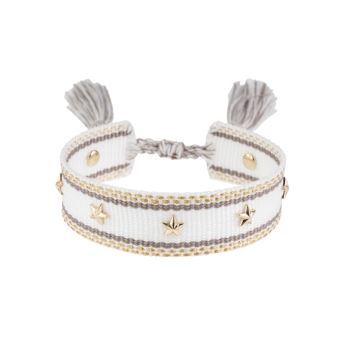WOVEN FRIENDSHIP BRACELET W/STAR STUDS White W/Taupe & Gold