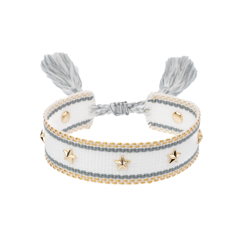 WOVEN FRIENDSHIP BRACELET W/STAR STUDS WHITE W/TEAL & GOLD