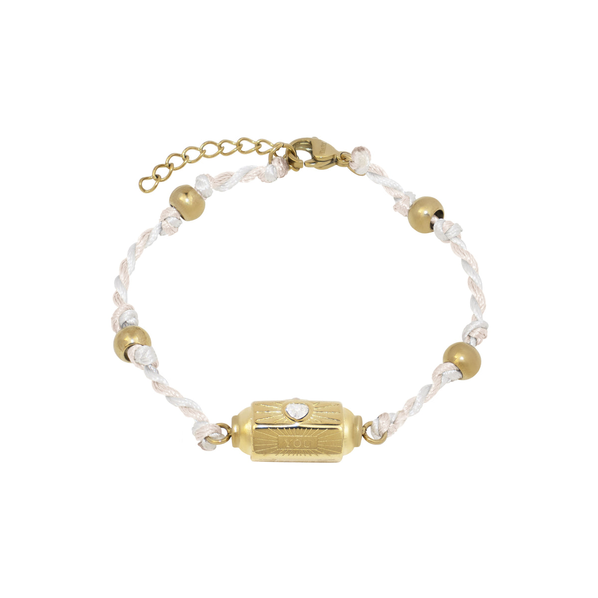 THREAD BRACELET WHITE & SAND W/CRYSTAL HEART CHARM