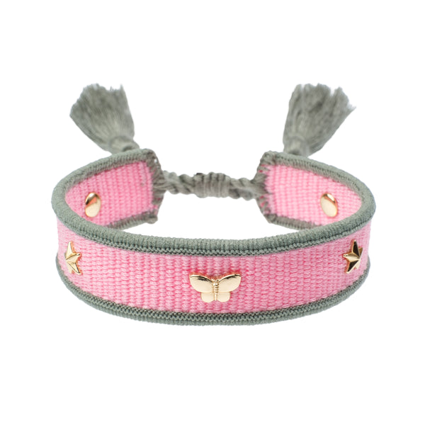 WOVEN FRIENDSHIP BRACELET THIN W/SIGN STUDS Bubblegum Pink & Milieu Green