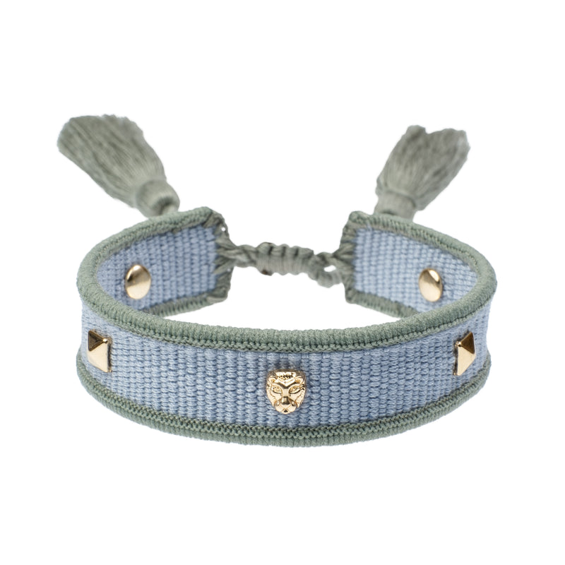 WOVEN FRIENDSHIP BRACELET THIN W/SIGN STUDS  Cool Blue & Milieu Green