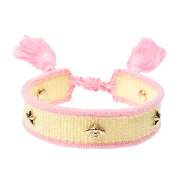 WOVEN FRIENDSHIP BRACELET THIN W/SIGN STUDS Pale Yellow & Bubblegum Pink