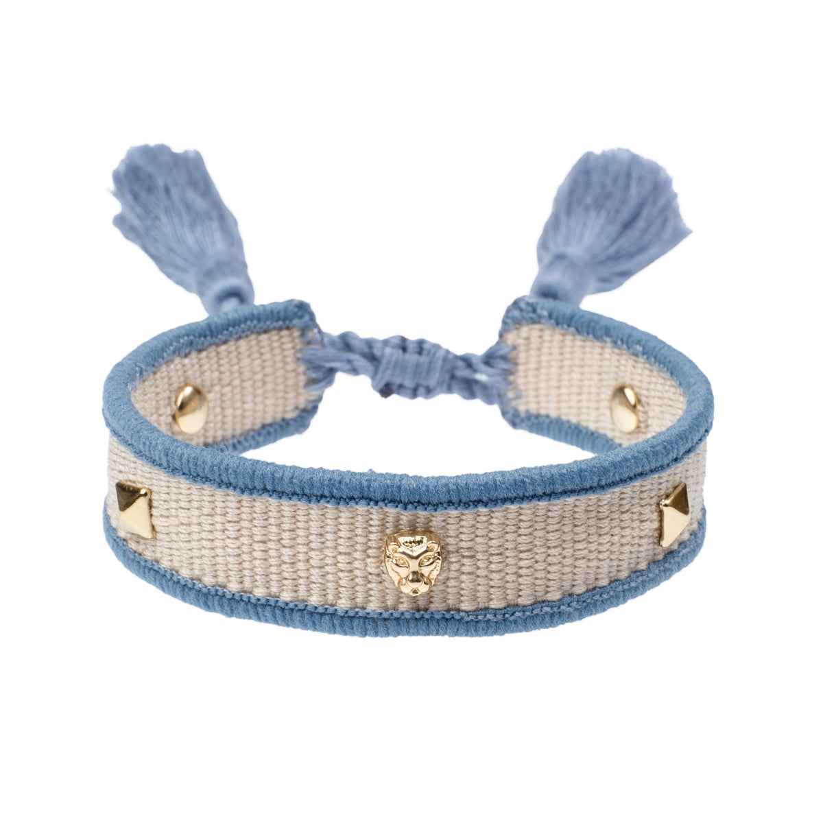 WOVEN FRIENDSHIP BRACELET THIN W/SIGN STUDS Sand & Light Blue