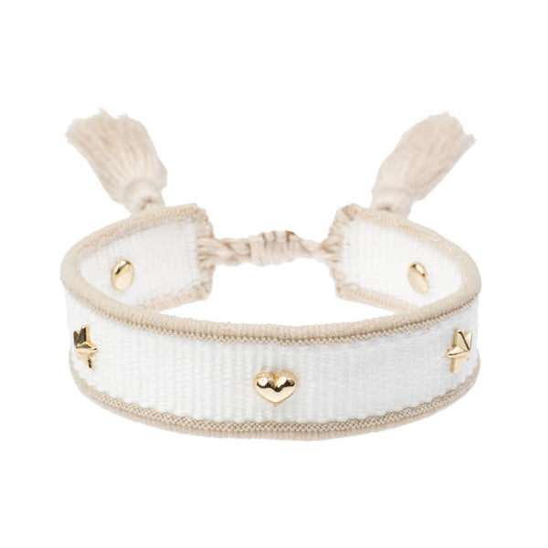WOVEN FRIENDSHIP BRACELET THIN W/SIGN STUDS White & Sand