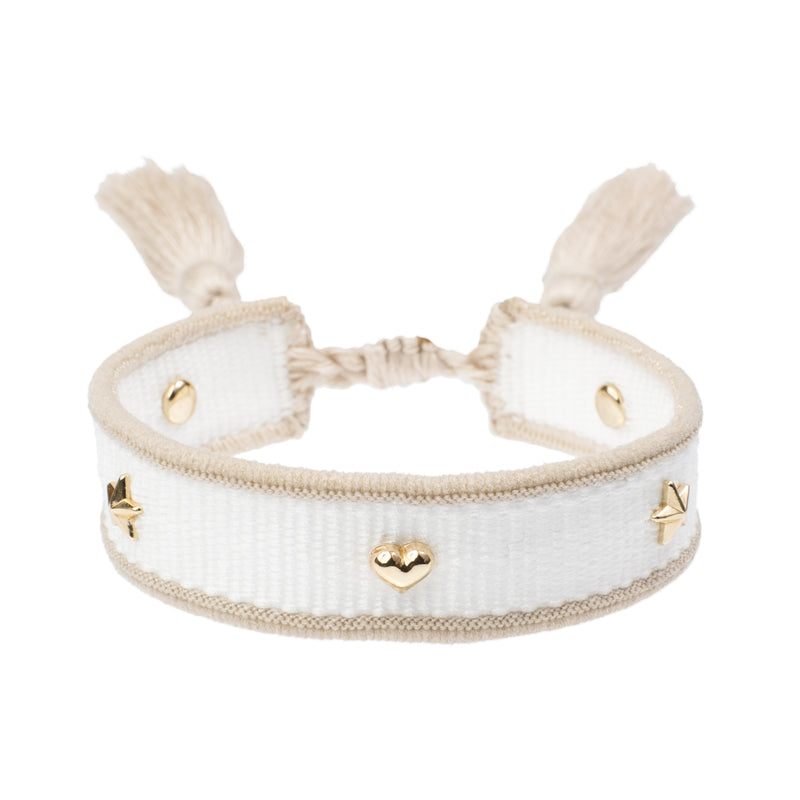 WOVEN FRIENDSHIP BRACELET THIN W/SIGN STUDS White & Sand
