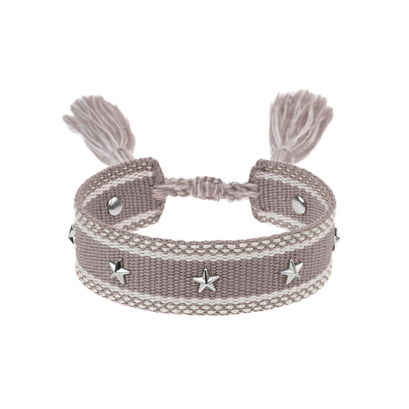 WOVEN FRIENDSHIP BRACELET W/STAR STUDS TAUPE W/SILVER