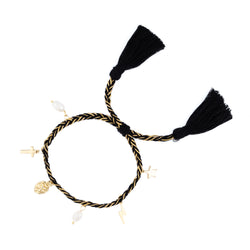 WOVEN FRIENDSHIP BRACELET W/CHARMS BLACK W/GOLD