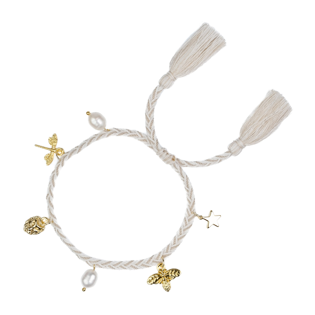 WOVEN FRIENDSHIP BRACELET W/CHARMS WHITE & SAND MIX WOVEN FRIENDSHIP BRACELET W/CHARMS WHITE & SAND MIX