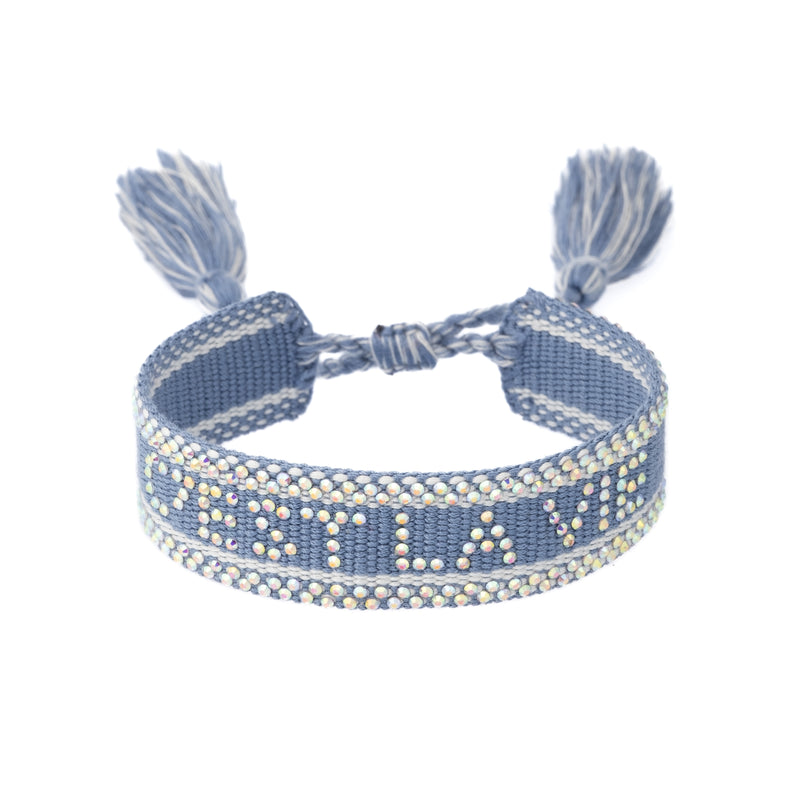 WOVEN FRIENDSHIP BRACELET W/CRYSTALS "C'est La Vie" Light Blue