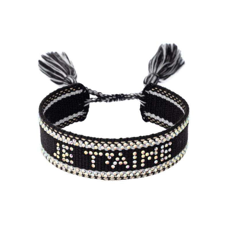 WOVEN FRIENDSHIP BRACELET W/CRYSTALS "Je T'aime" Black W/Gold