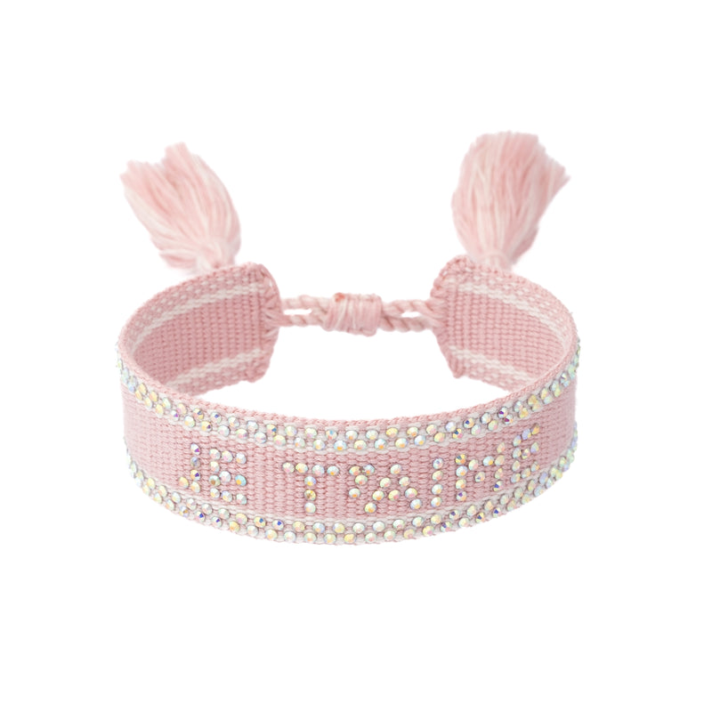 WOVEN FRIENDSHIP BRACELET W/CRYSTALS "Je T'aime" Light Rose