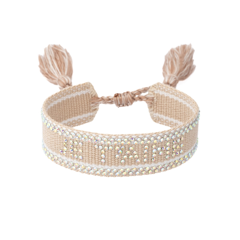 WOVEN FRIENDSHIP BRACELET W/CRYSTALS "Je T'aime" Sand