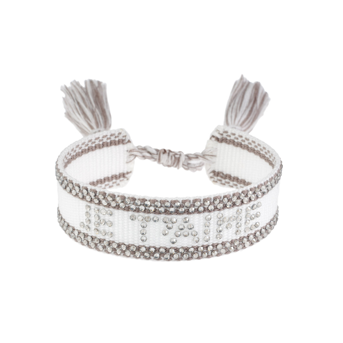 WOVEN FRIENDSHIP BRACELET W/CRYSTALS "Je T´aime" White W/Taupe
