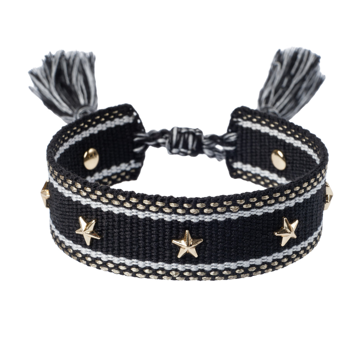 WOVEN FRIENDSHIP BRACELET W/STAR STUDS BLACK W/GOLD