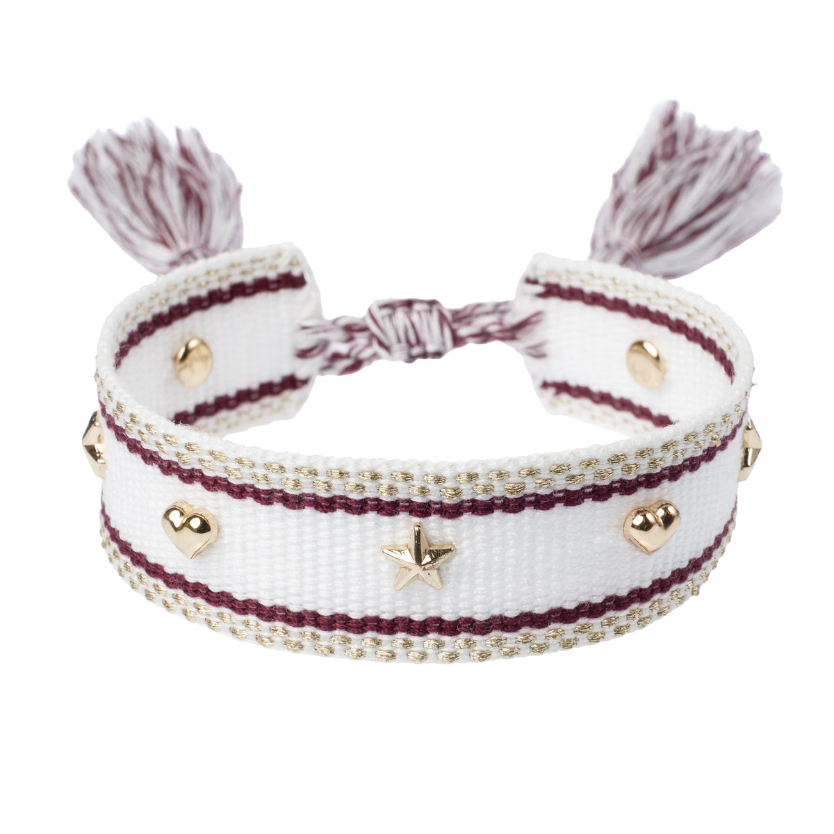 WOVEN FRIENDSHIP BRACELET W/STAR STUDS WHITE W/BORDEAUX & GOLD