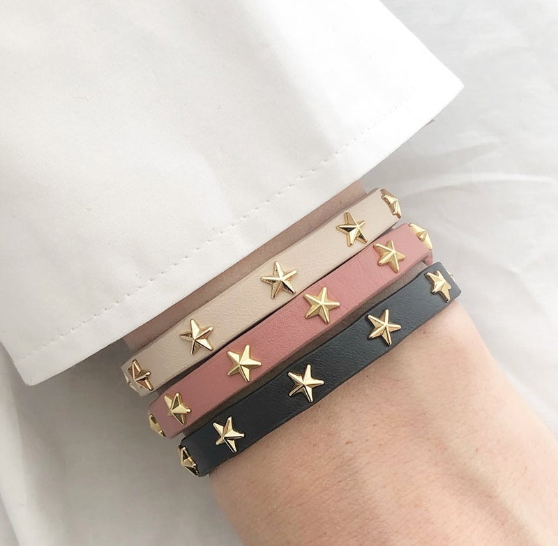 LEATHER STAR STUD BRACELET MINI DUSTY ROSE W/MATTE GOLD