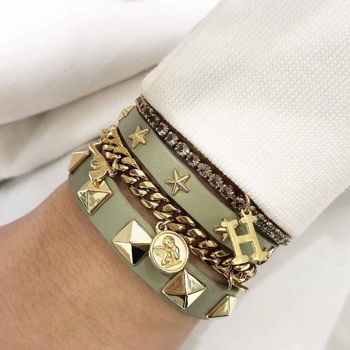 LEATHER STAR STUD BRACELET MINI FADED ARMY