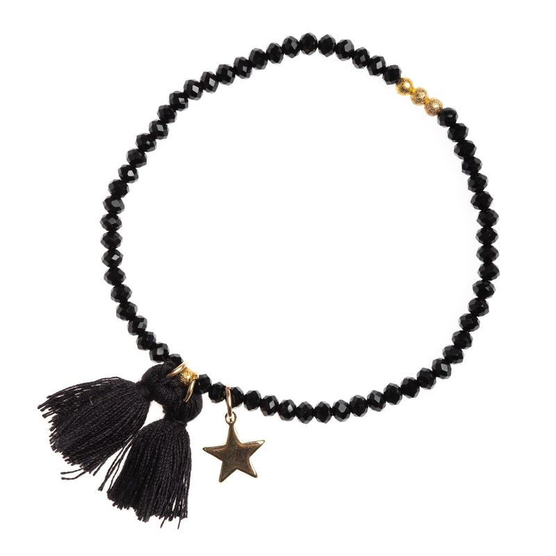 CRYSTAL BEAD BRACELET 3 MM W/TASSEL BLACK