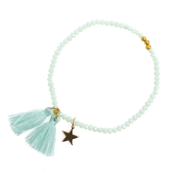 CRYSTAL BEAD BRACELET 3 MM W/TASSEL SPARKLED MINT