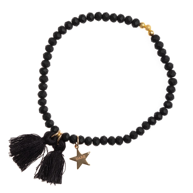 CRYSTAL BEAD BRACELET 4 MM W/TASSEL BLACK MATTE