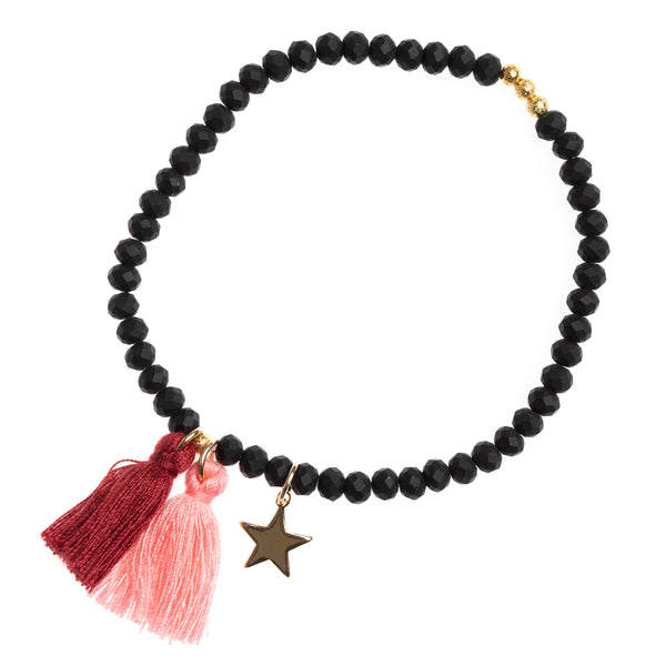 CRYSTAL BEAD BRACELET 4 MM W/TASSEL BLACK MATTE W/OX RED / BLUSH ROSE