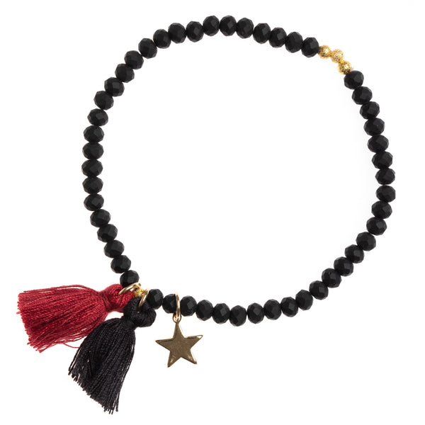 CRYSTAL BEAD BRACELET 4 MM W/TASSEL BLACK MATTE W/OX RED