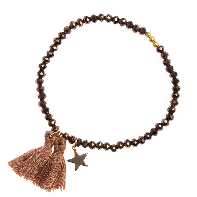 CRYSTAL BEAD BRACELET 4 MM W/TASSEL SPARKLED COGNAC