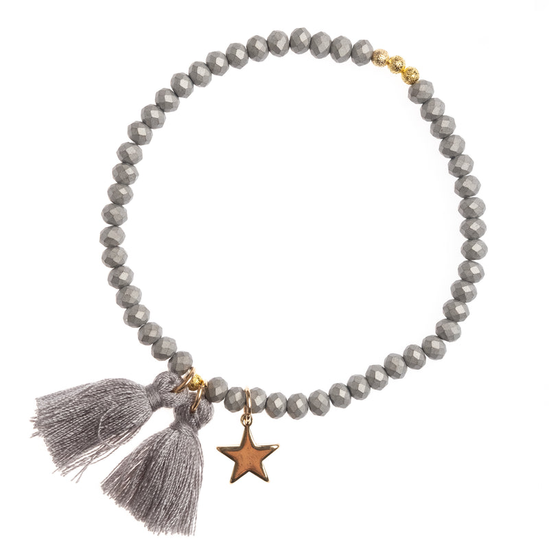 CRYSTAL BEAD BRACELET 4 MM W/TASSEL DUSTY GREY MATTE